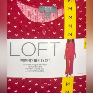 🤍LOFT Women’s Knit Henley Pajama Set Red with White Hearts, Elastic Waist